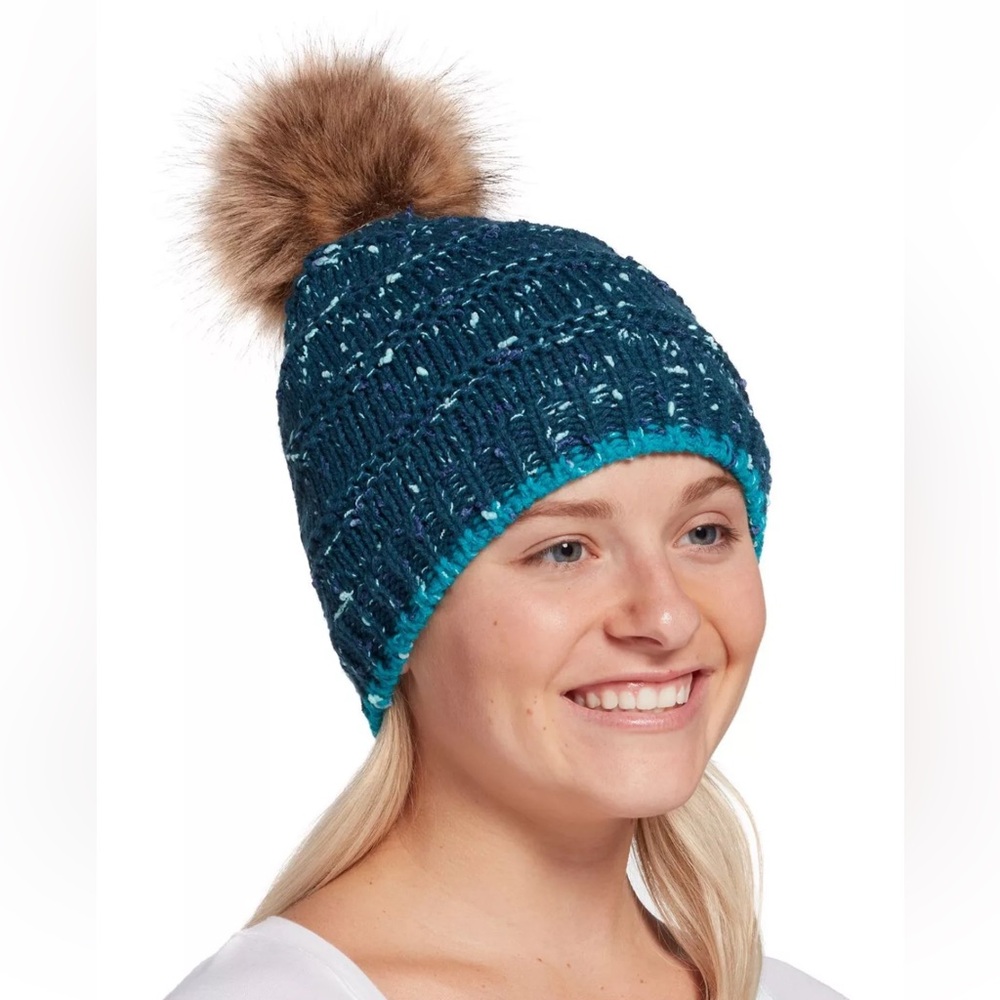 Northeast Outfitters NEW Womens Cozy Nep-Rib Fur Pom Beanie Blue ONE SIZE $30
